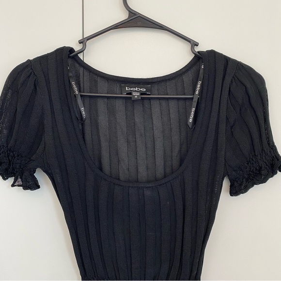 y2k Bebe Black Ribbed Puff Sleeve Smocked Waist Top Size XS‎ - Picture 4 of 9